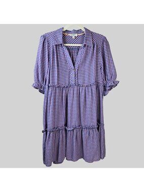 Umgee Tiered Peasant Dress Medium Purple Pink Gingham Plaid Cottage Short Sleeve
